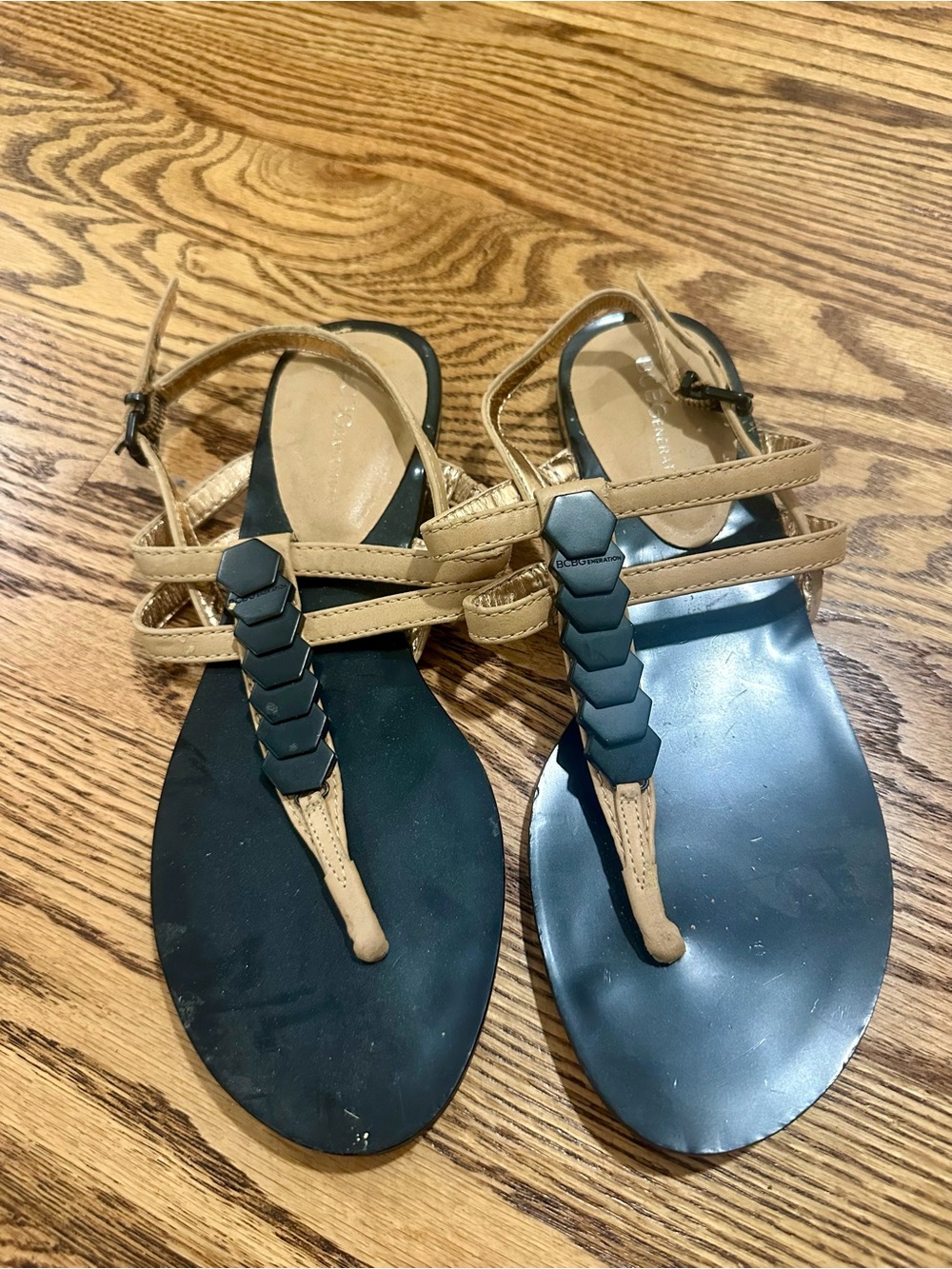 BCBGeneration Tan Strappy T-strap Sandals with Black Accents
